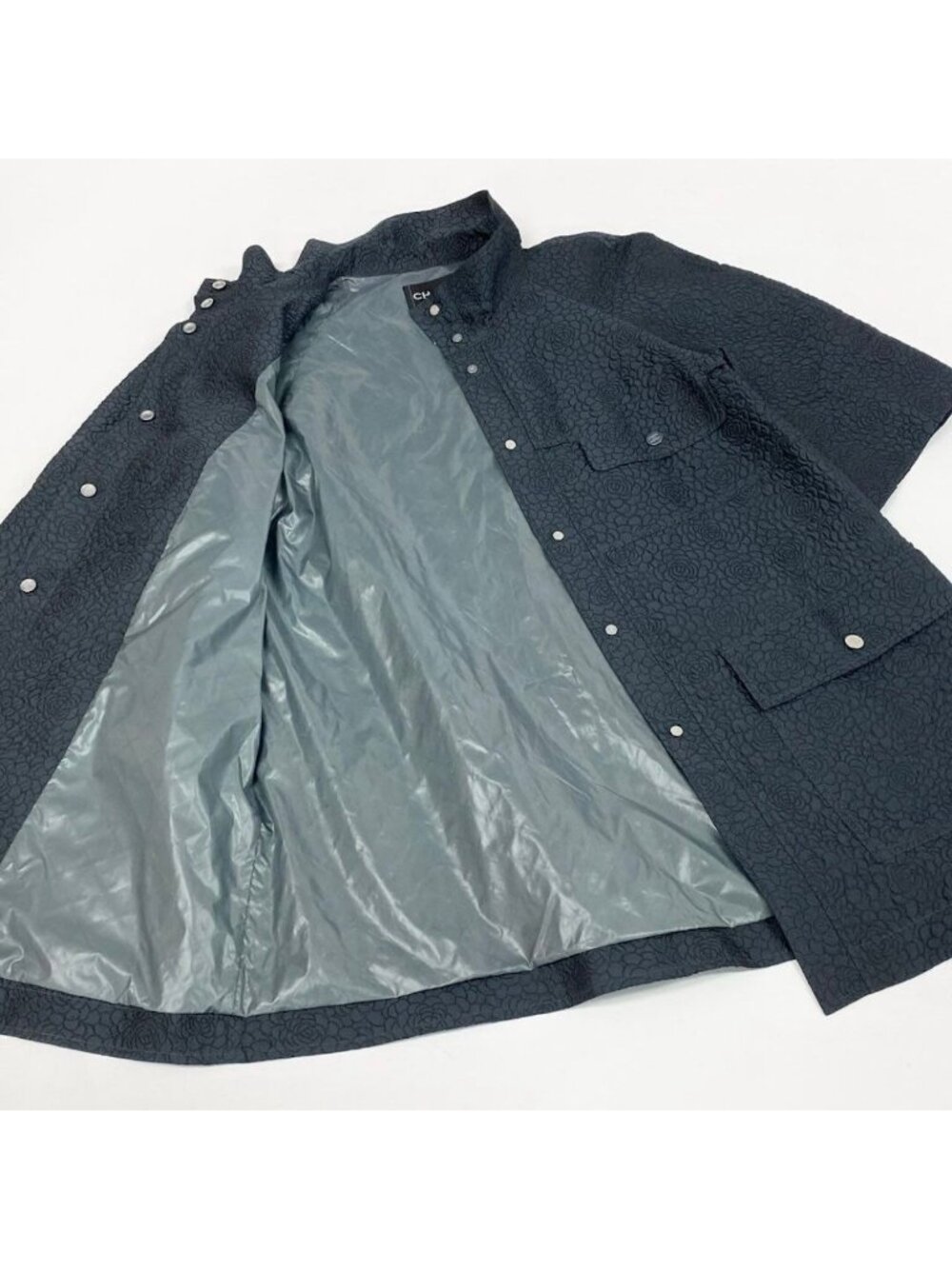 Chanel Camellia CC Logo Navy Polyester Silk Coat A3 - Picture 4 of 9